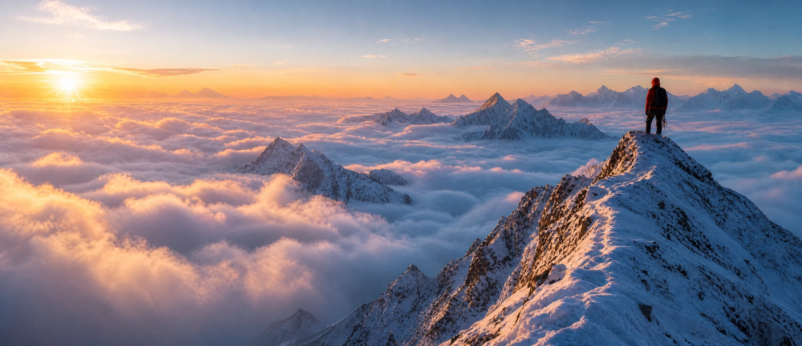 Sunrise above clouds and snowy mountain peaks representing corporate culture and vision
